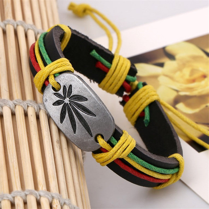Men's Jamaican Rasta Reggae Red Green & Gold Genuine Leather Bracelet
