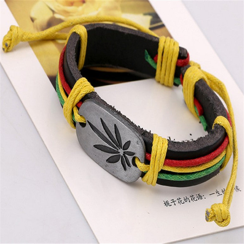 Men's Jamaican Rasta Reggae Red Green & Gold Genuine Leather Bracelet