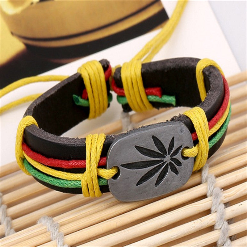 Men's Jamaican Rasta Reggae Red Green & Gold Genuine Leather Bracelet
