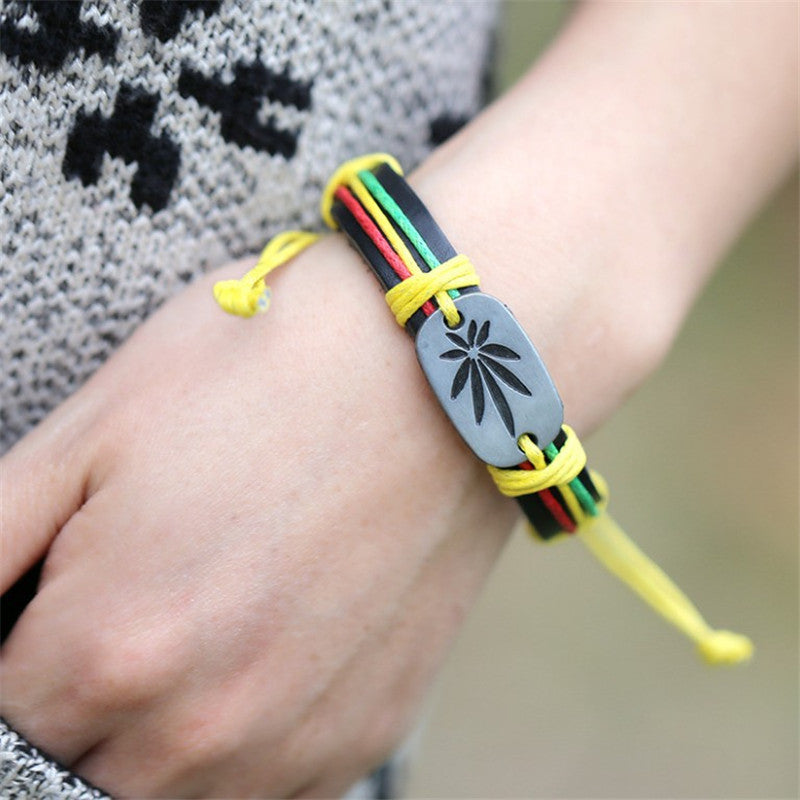 Men's Jamaican Rasta Reggae Red Green & Gold Genuine Leather Bracelet