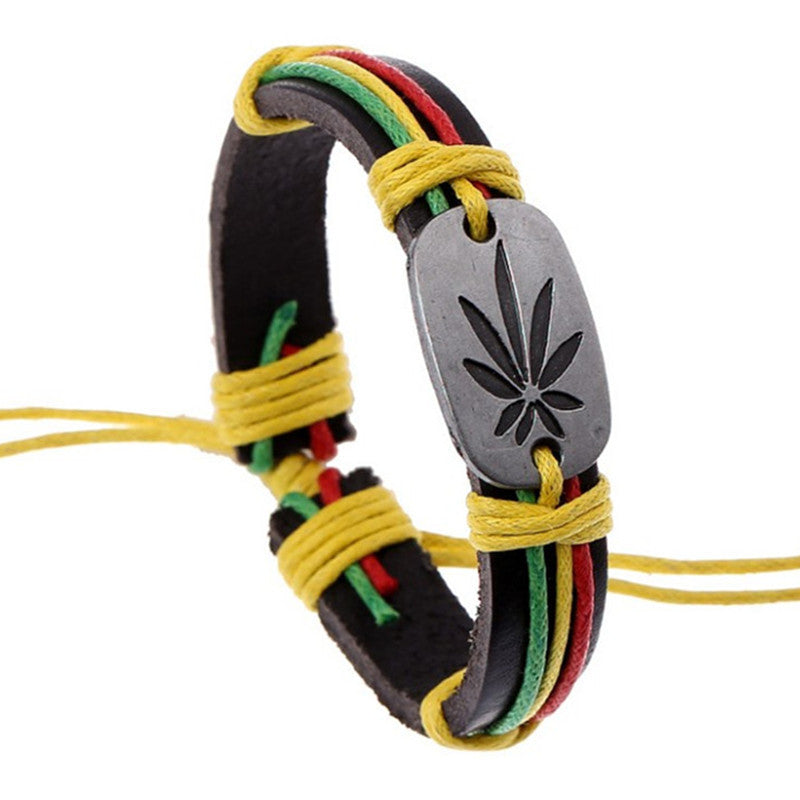 Men's Jamaican Rasta Reggae Red Green & Gold Genuine Leather Bracelet