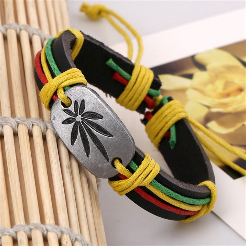 Men's Jamaican Rasta Reggae Red Green & Gold  Genuine Leather Bracelet