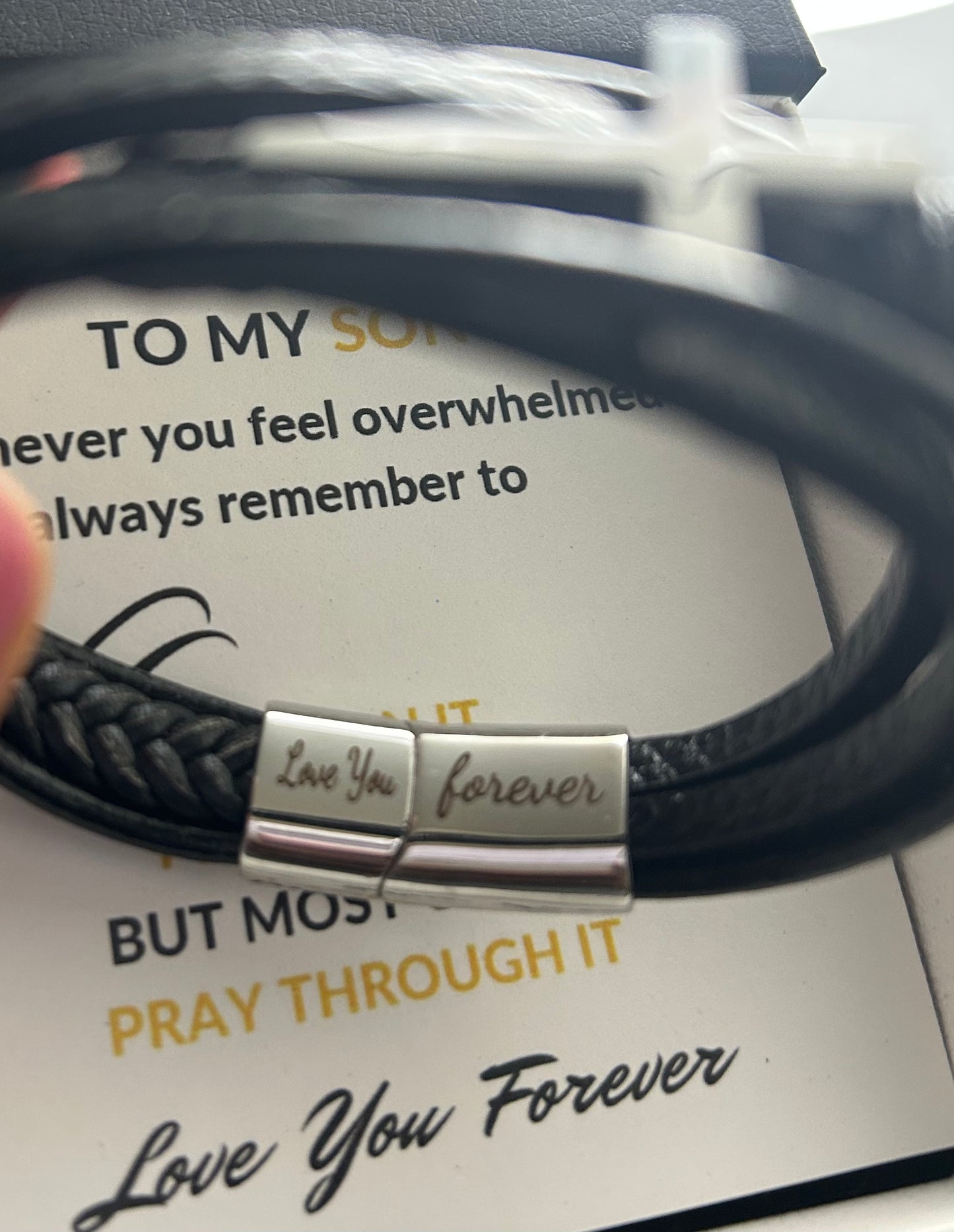 To My Son Pray On Over It Through It Leather Cross Bracelet With Personalizable Message Card