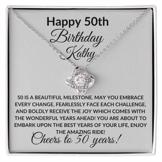 Happy 50th Birthday Women's Personalized Message Card Necklace Gift -Add an optional name