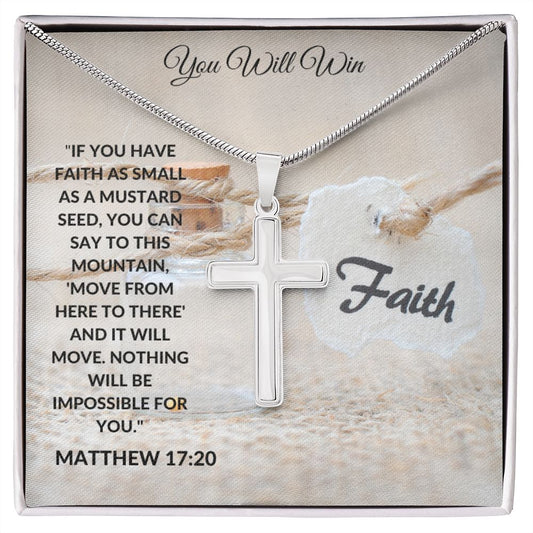 Mustard Seed Faith You Will Win Stainless Steel Cross Necklace Gift For Men & Women