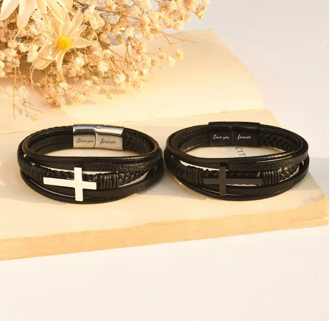 To My Son Pray On Over It Through It Leather Cross Bracelet With Personalizable Message Card