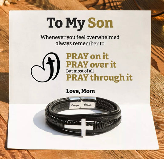 To My Son Pray On Over It Through It Leather Cross Bracelet With Personalizable Message Card