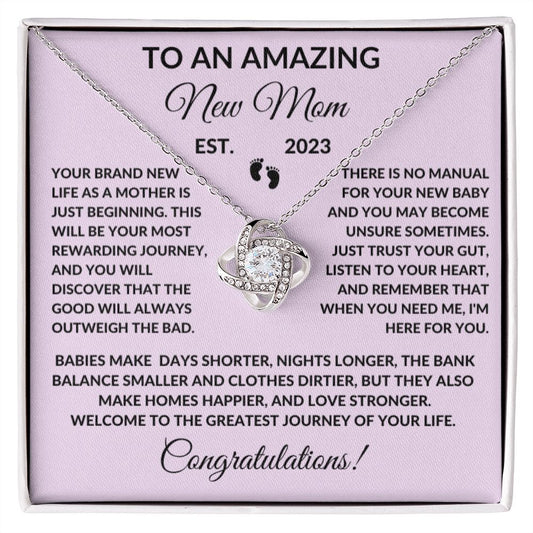 Amazing New Mom New Baby Congratulations Love Knot Personalized Necklace Gift-Pink Card