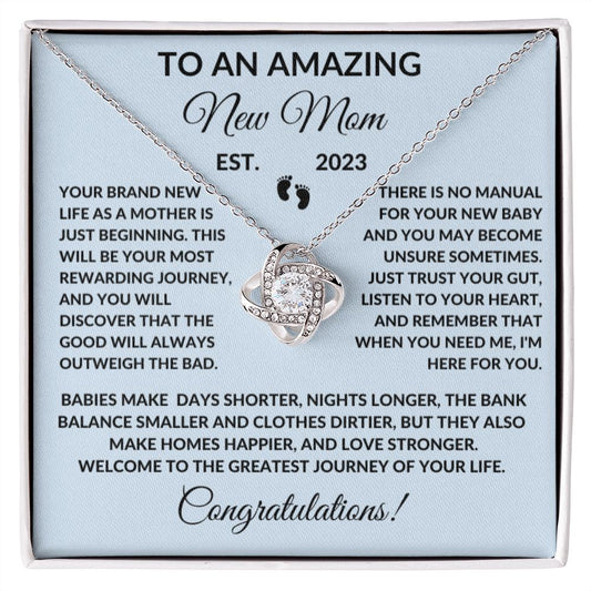 Amazing New Mom New Baby Congratulations Love Knot Personalized Necklace Gift-Blue Card